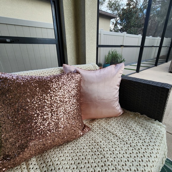 Sequin Throw Pillow Cover Shiny Sparkling Satin Back Rose Gold Pillow - Picture 2 of 7